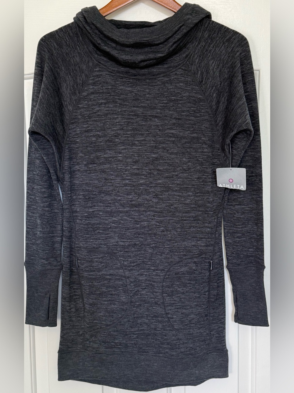NWT Athleta Gray Cowl Neck Tunic Hoodie Womens XXS Thumbhole Zip Pocket Pullover